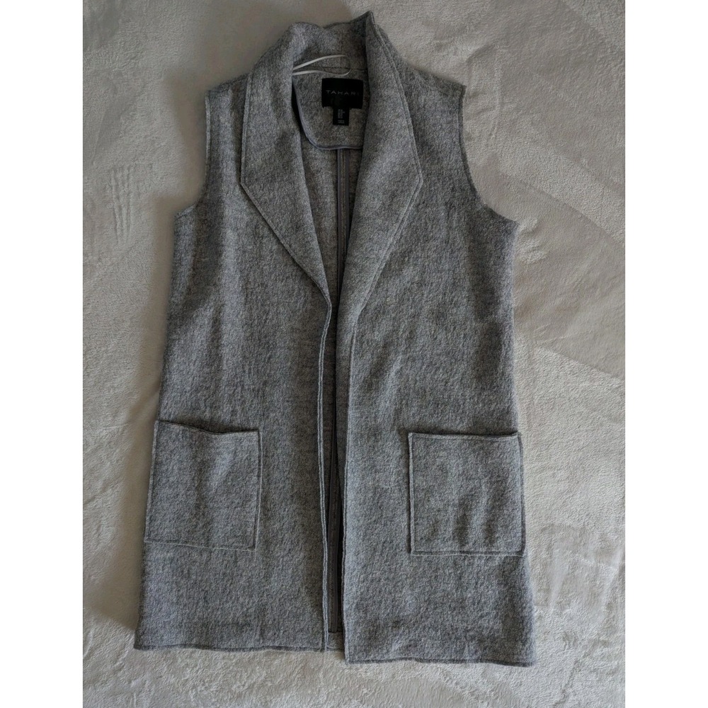 Tahari Vest Grey‎ Wool Blend Longline Open Front Sleeveless Womens Med
